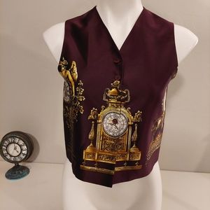 Emanuel Ungaro 100% Silk Maroon Gold Clock Decor Vest